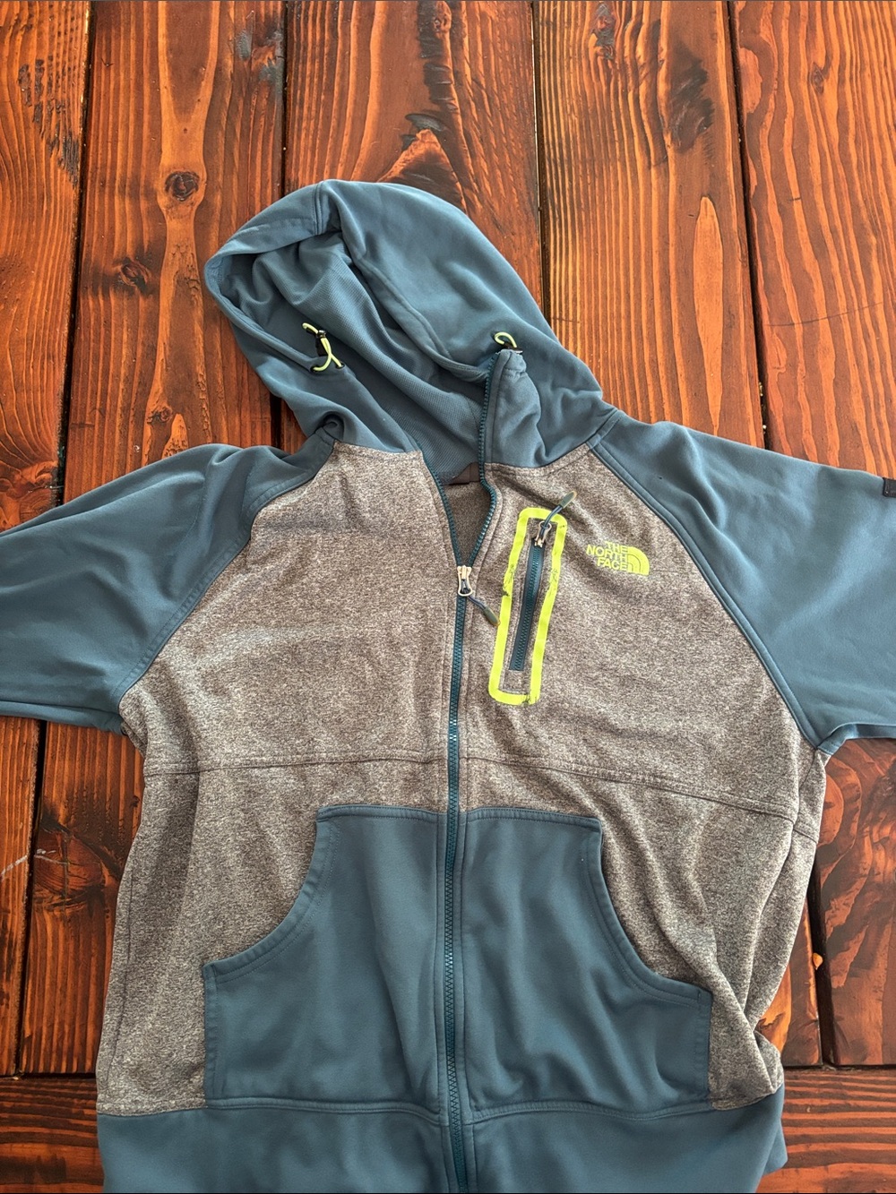 The North Face Boys' Teal and Gray Hooded Full-Zip Jacket with Lime Accents